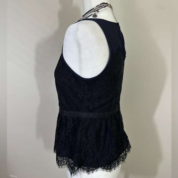 Loft sz  2P blouse, top in a deep navy with a black lace overlay stitched on top - Picture 5 of 13